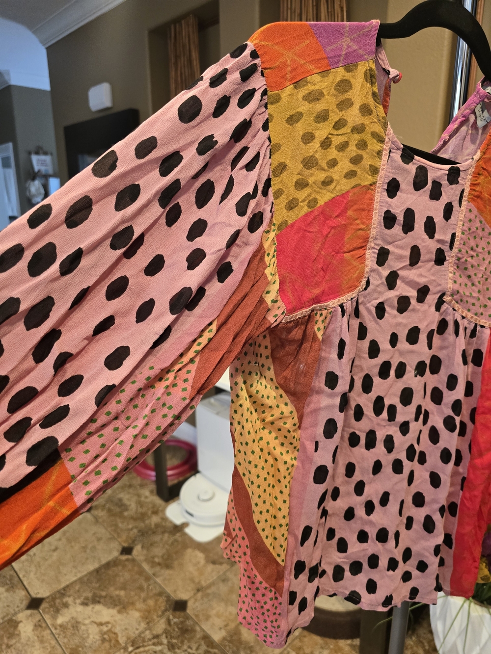 Women's Pink Polka Dot Patchwork Blouse - Picture 4 of 9